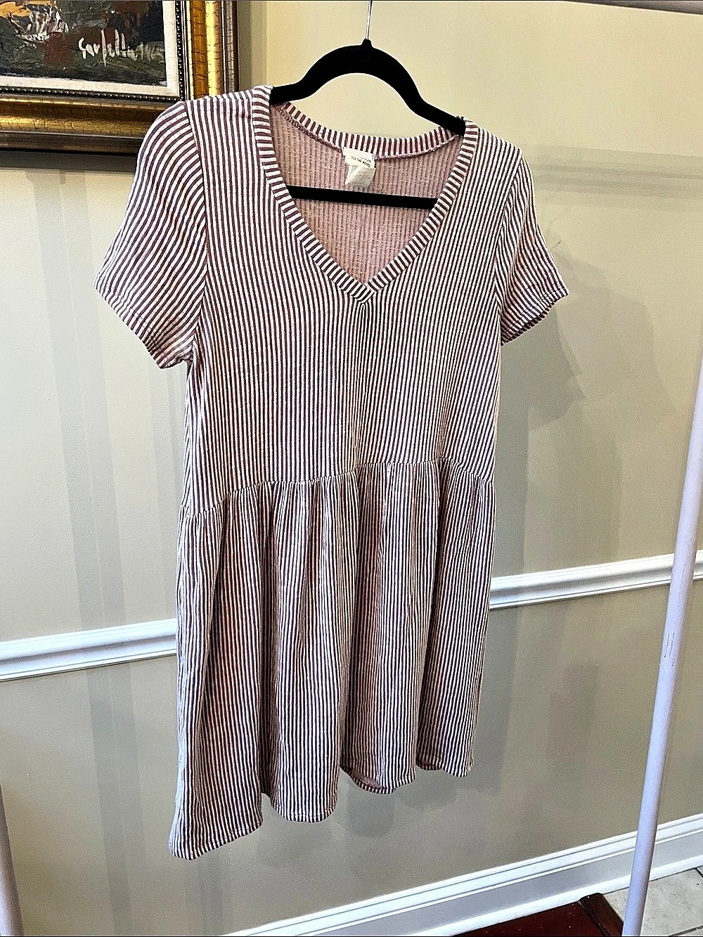 Caution to the Wind Striped V-Neck Mini Dress in Pink (Mauve) & White Size Mediu